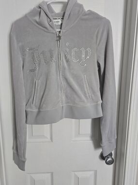 Juicy Couture Women's Light Gray Velour Zip Hoodie with Rhinestone Logo Size M *